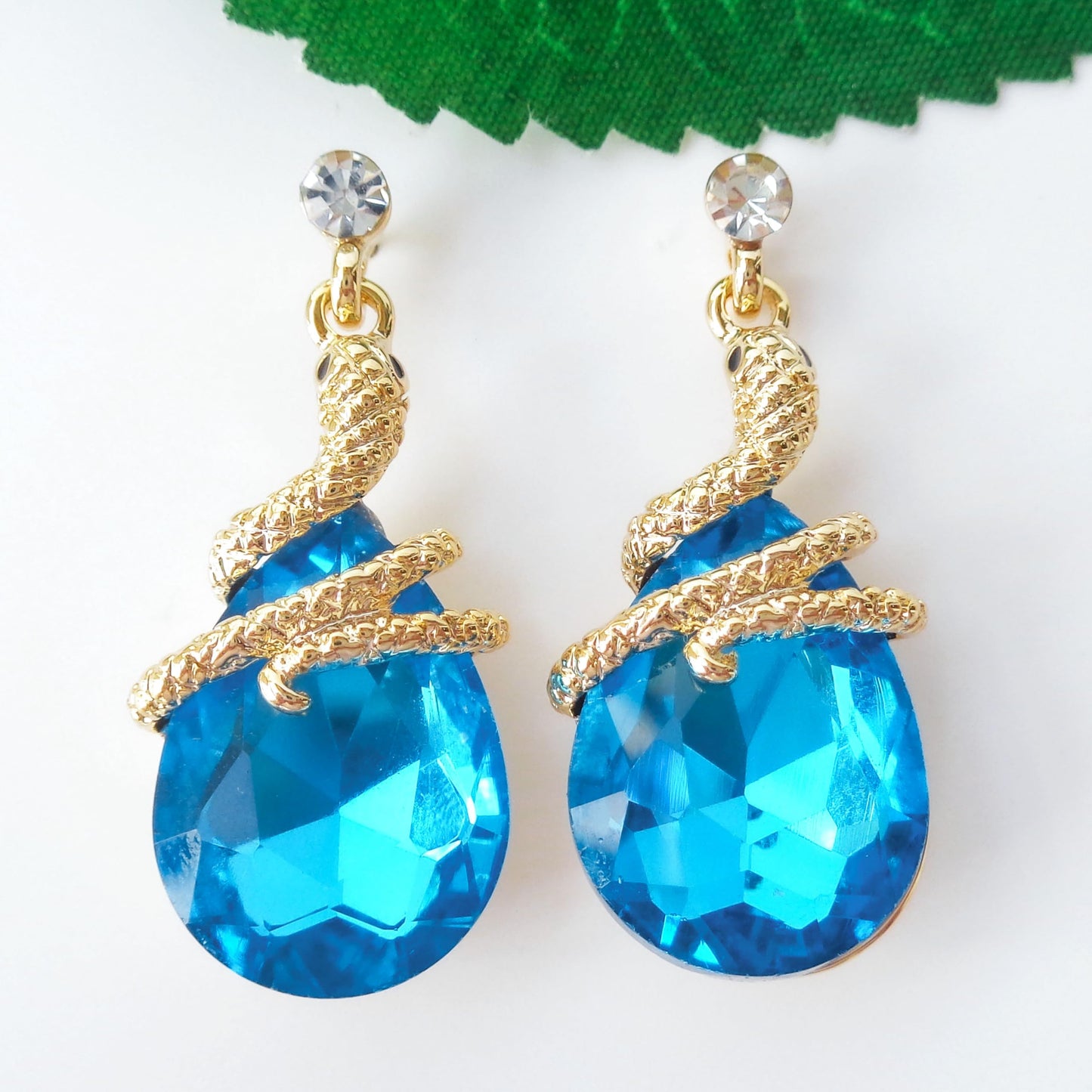 Navachi 18k Gold Plated Crystal Lake Blue Zircon Snake Drop Dangle Earrings