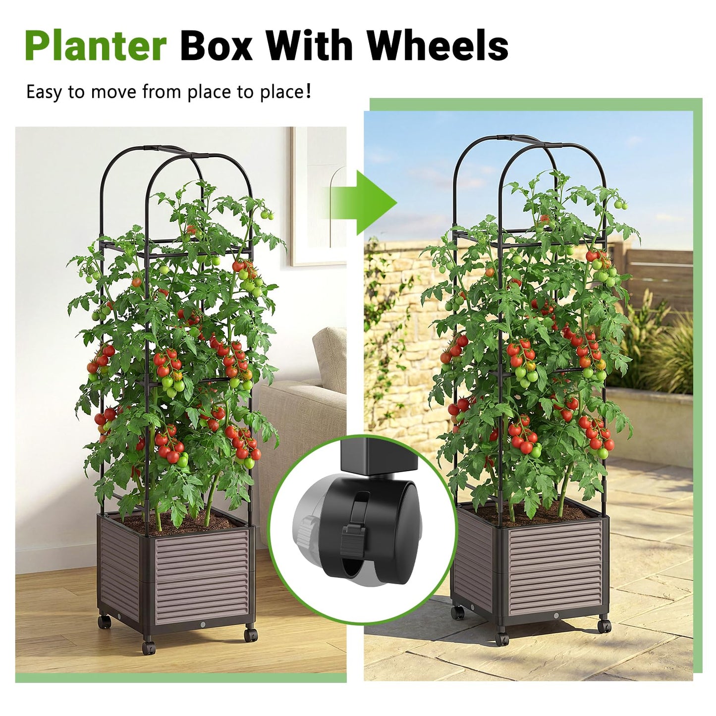 DoCred 60" H Raised Garden Bed Planter Box with Wheels, 2 Pack Tomato Cage Planter Raised Garden Bed with Trellis for Climbing Vegetables Plants Tomato Cage, Indoor Outdoor Use