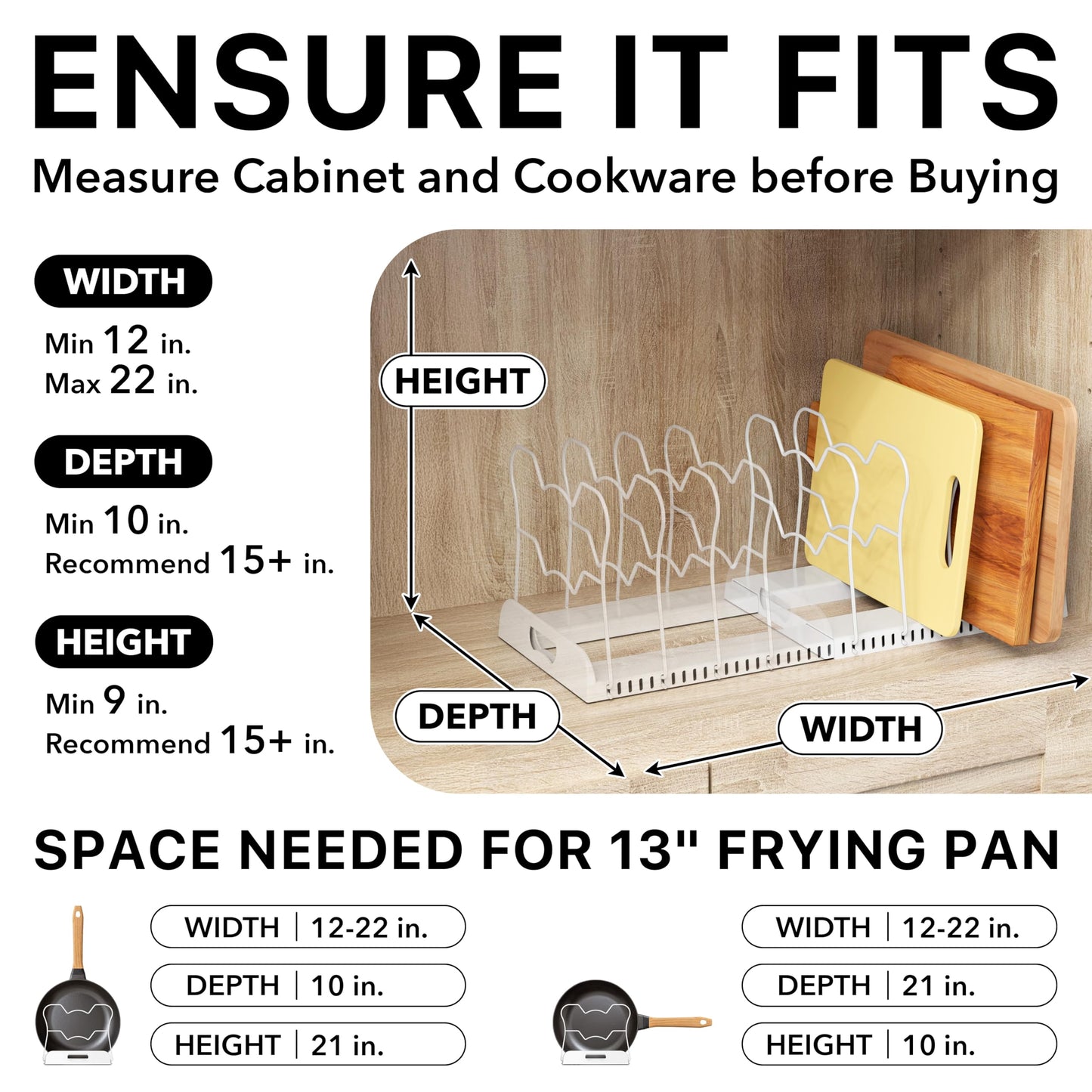 Simple Houseware Expandable Pan Organizer Rack, 10 Adjustable Compartments, White - Kitchen Cabinet Organizer for Pots, Pans, Lids & Bakeware - Pantry & Countertop Storage
