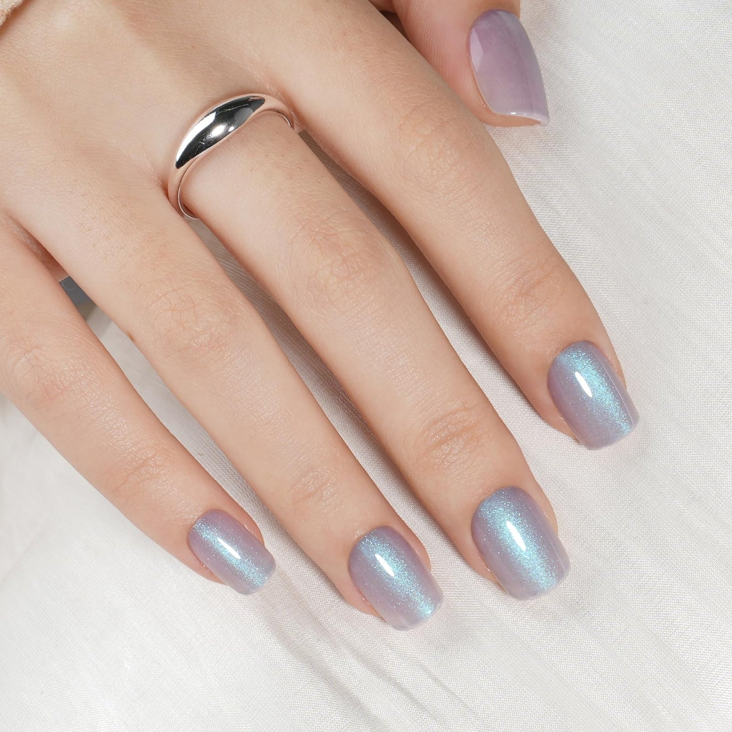 Silver Gray Cat Eye Press On Nails - Short Square Blue Magnetic Cat Eye Press On Nails, Reusable Fake Nails Kit with Nail Glue, 30PCS 15 Sizes