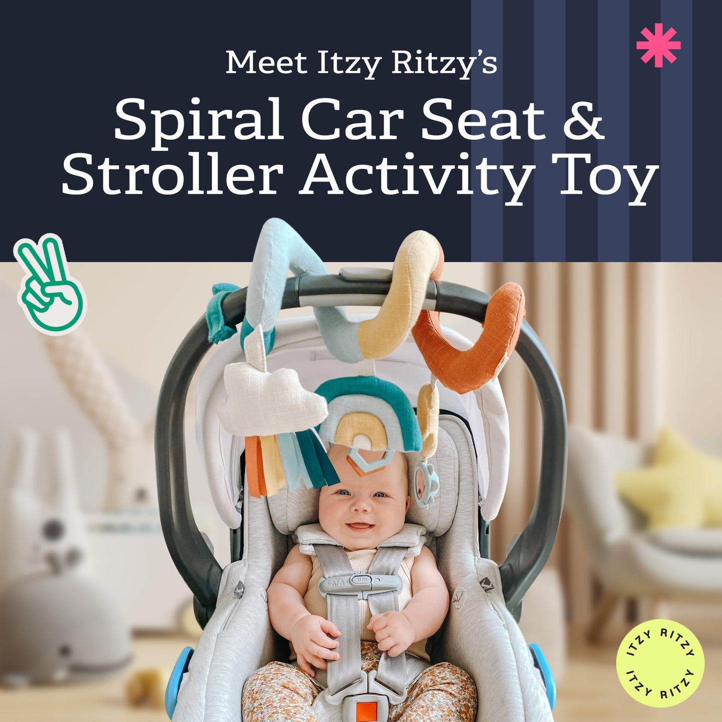 Itzy Ritzy Spiral Car Seat & Stroller Activity Toy - Stroller & Car Seat Toys for Ages 0 Months and Up - Hanging Toys Include Clinking Rings, Mirror and Textured Ribbons (Rainbow)