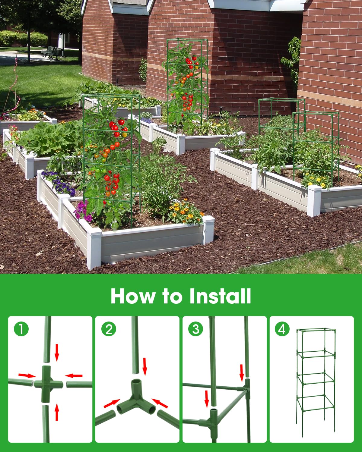MYMULIKE 3 Pack Tomato Cages for Garden - Heavy Duty Square Tomato Plant Support Stakes, Height-Adjustable Tomato Trellis, Tomato Plant Cage for Raised Beds/Pots (Holds 50 Lbs)