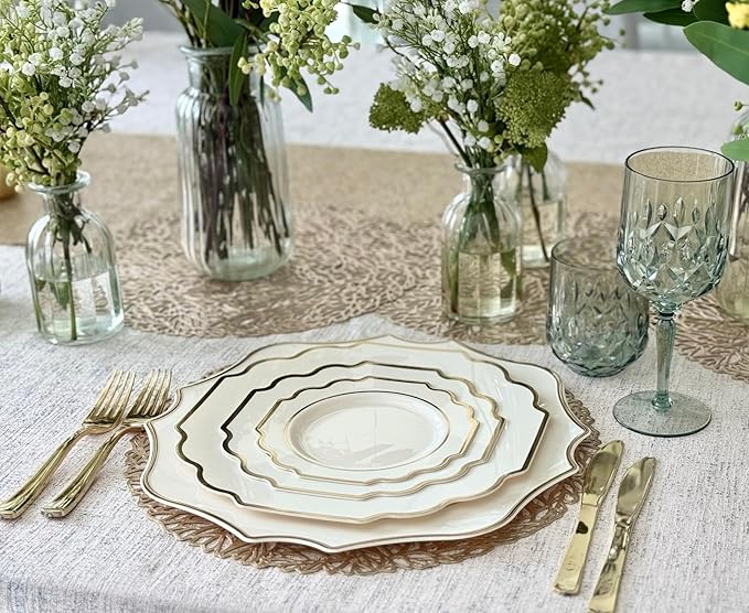 " OCCASIONS " 40 Pieces 13.25'' Scalloped Disposable/Reusable Plastic Charger Plates for Wedding, (Scalloped Imperial Ivory & Gold)