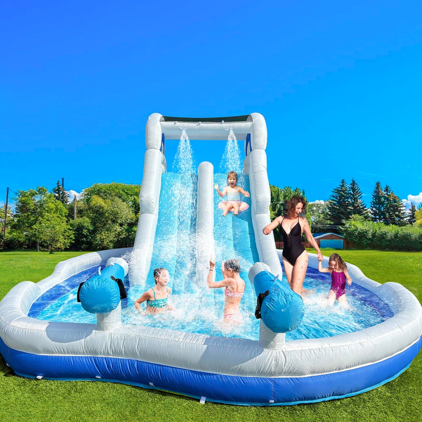 Inflatable Double Water Slide-17.7FT Large Climber Inflatable Water Park for Big Kids 5-10-Huge Splash Pool-Easy to Set Up & Inflate with Air Blower,Carrying Case,Water Pipe,Storage Bag-Bule