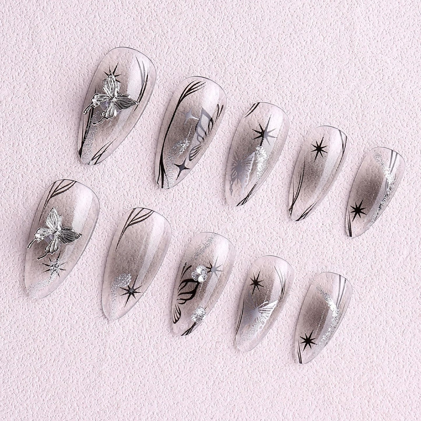 Long Press on Nails Almond Fake Nails 3D Butterfly Stick on Nails Black Glitter False Nails for Women Manicure Decoration 24Pcs