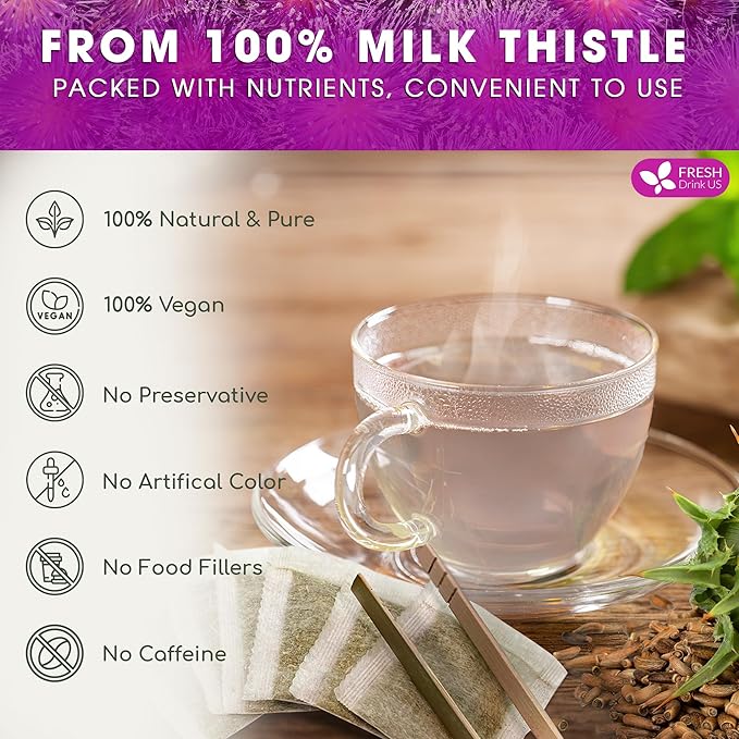 FreshDrinkUS, Premium 205 Milk Thistle Tea Bags, 100% Natural & Pure from Milk Thistle Seeds. Milk Thistle Seed Herbal Tea. Made with Natural Material Tea Bags. No Sugar, No Caffeine, No Gluten, Vegan.
