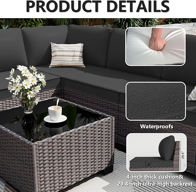 ALAULM 13 Pieces Outdoor Patio Furniture Set with Propane Fire Pit Table Outdoor Sectional Sofa Sets Patio Furniture 43" Gas Fire Pit Brown PE Rattan Patio Conversation Set w/10 Cushions (New Black)