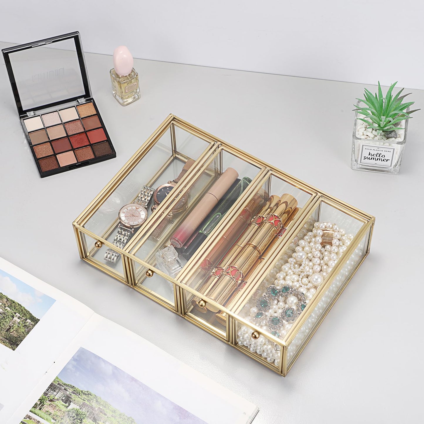Hipiwe Sunglasses Organizer Box with 4 Drawers, Gold Metal Eyeglass Storage Holder Eyewear Display Case, Clear Glass Multiple Drawer Organizer for Glasses Jewelry Watch Vanity Makeup