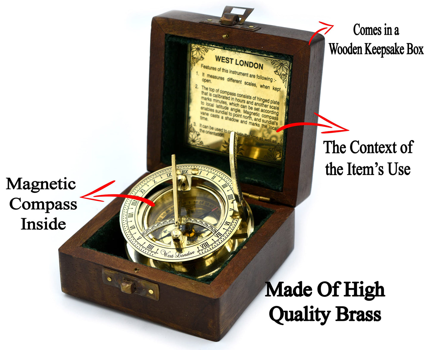 SARA NAUTICAL Antique Brass Sundial Compass, Sundial Clock in Box Gift Sun Clock Ship Replica Watch,Ship Decorations