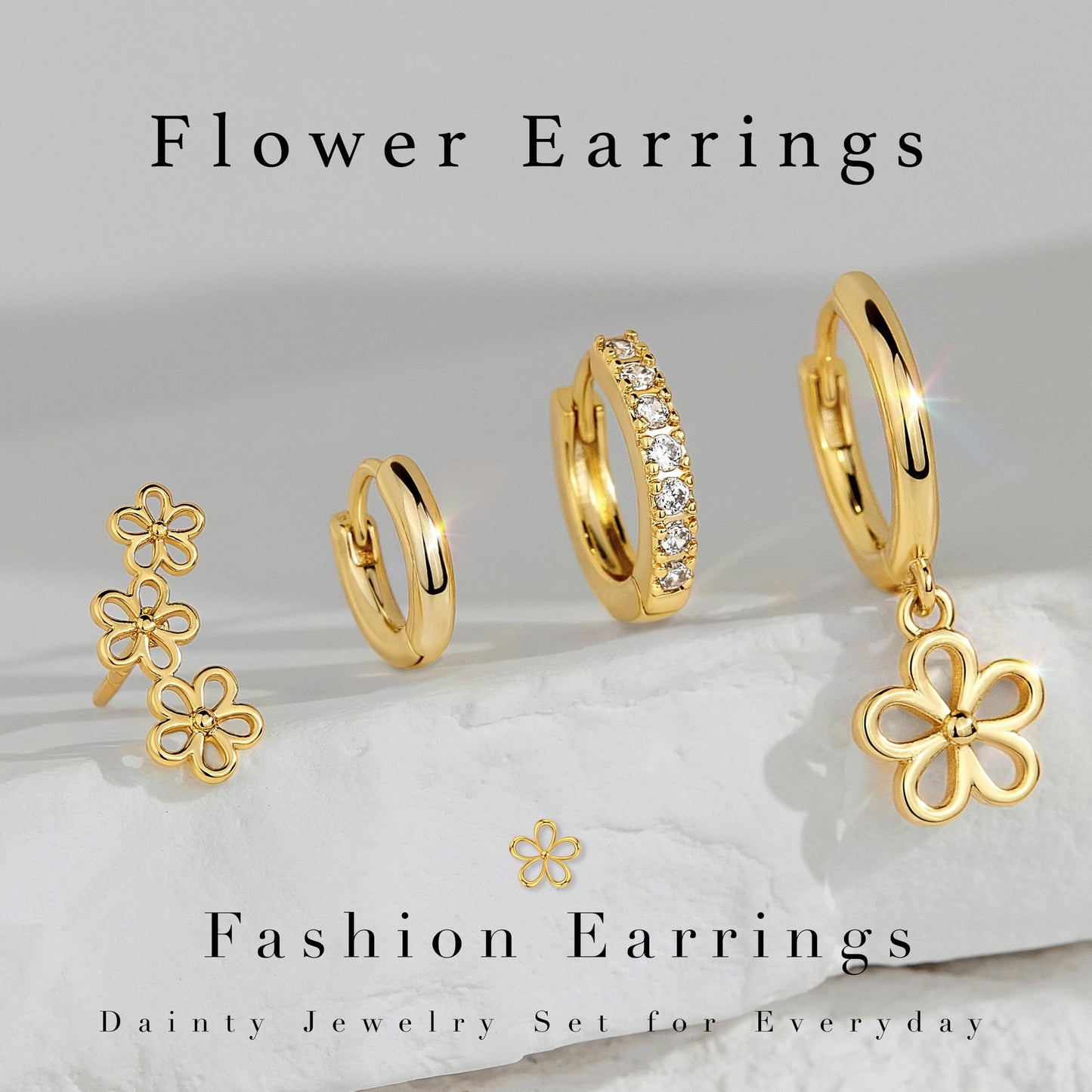 Gold Flower Earrings for Women,Huggie Small Stack Cartilage Stud Hoop Earring Sets for Multiple Double Piercing, Conch Helix Rook Tragus Daith Piercing Gold Clip On Jewelry Set Gifts