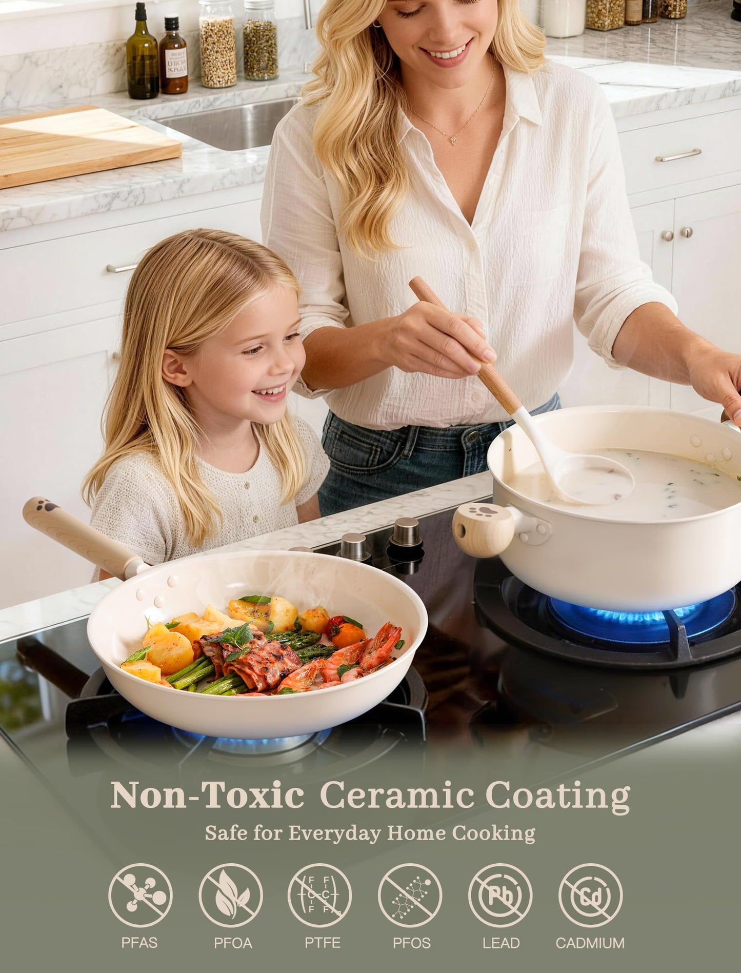 Astercook Pots and Pans Set Non Stick, Ceramic Cookware Set Non Toxic, 18 Pcs Dishwasher Safe Induction Cookware for Everyday Cooking & Kitchen Mothers Day Gifts