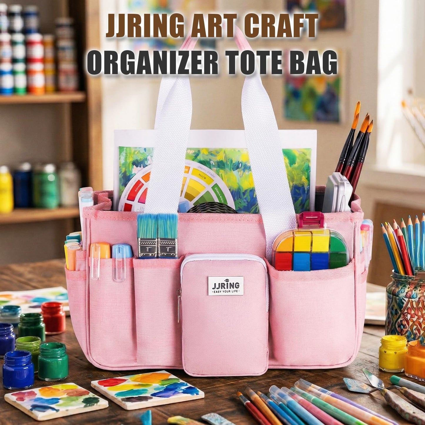 Jjring Craft Organizer Tote Bag, Portable Art Caddy with Adjustable Divider&Secure Zipper Pocket, Large Foldable Storage Tote for Scrapbooking, Sewing, Artist and Home(Pink)