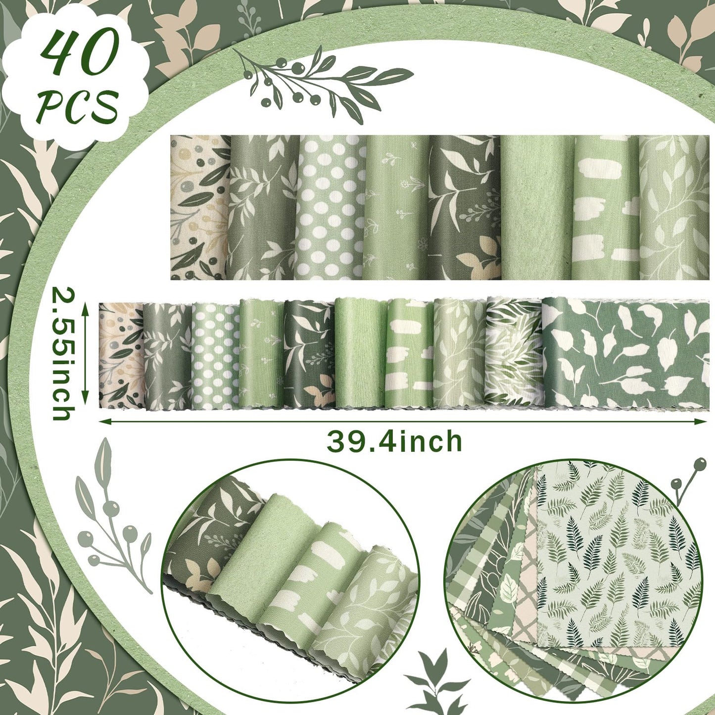 Hosuly 40 Pcs Sage Green Fabric Greenery Fabric for Rug Quilting Roll 2.55 Inch Forest Sage Leaf Quilting Strips Precut Bundle Roll for Spring Blanket Upholstery Purse Making DIY Craft Sewing