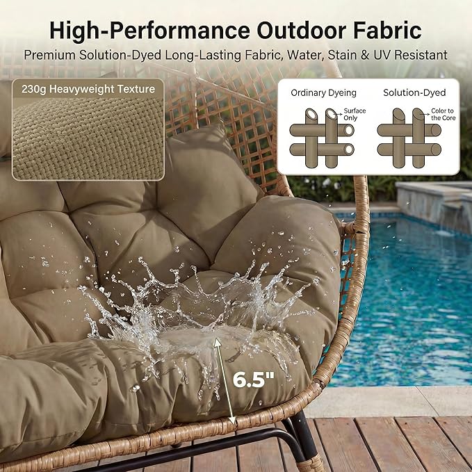 NICESOUL® Double Egg Chair Indoor Outdoor Stationary Oversized Thicken Padded Cushions,2 Person Egg Loveseat Chair, 680 lbs Extra Large Lounge Chair for Patio Balcony Porch Brown