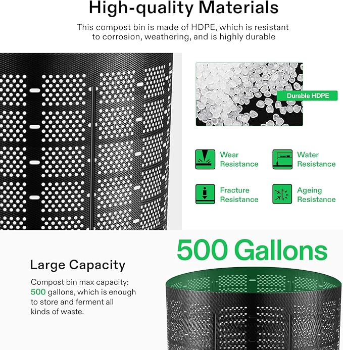VIVOSUN 500 Gallon Outdoor Compost Bin, Expandable Composter, Easy to Setup & Large Capacity for Backyard, Lawn (Black with Gloves)