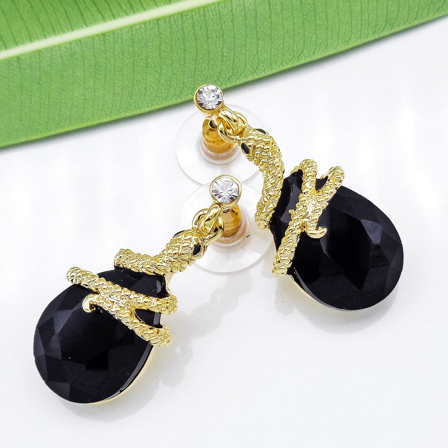 Navachi 18k Gold Plated White Crystal Curly Snake Black Zircon Drop Dangle Az1357 Stud Earrings