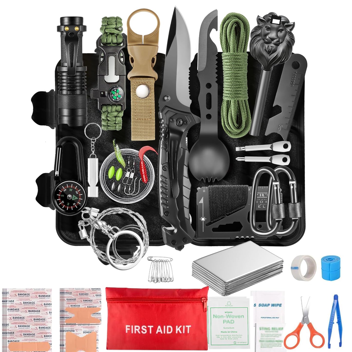 Survival Kit and Emergency Gear - 66 in 1 Outdoor Equipment with First Aid Fire ,Starter, Knife, Compass for Camping, Hiking, Gifts for Men