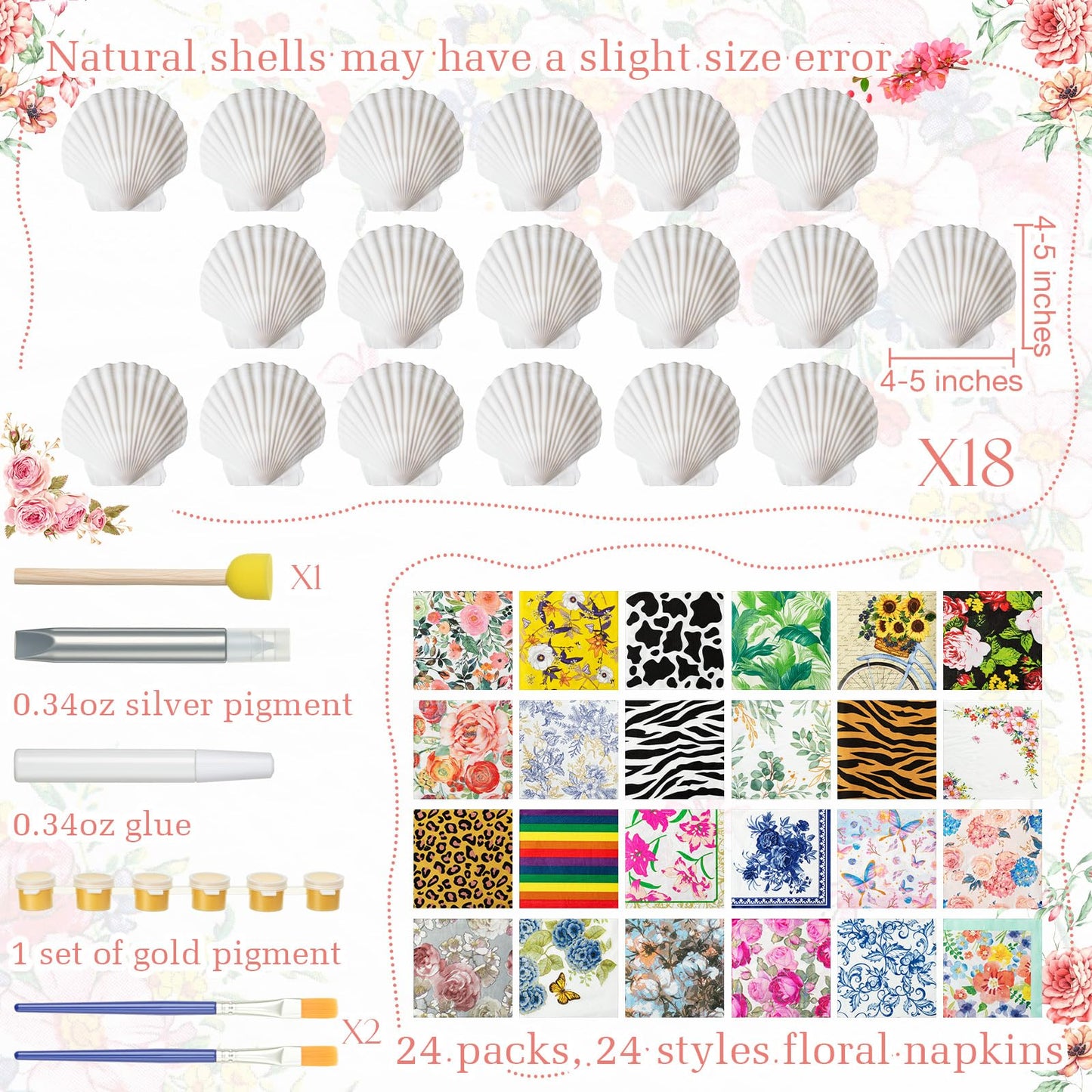 Crtiin 48 Pcs Decoupage Kits, 18 Pcs 4'' White Scallop Shells, 24 x Assorted Decoupage Paper Napkins with Glue Paint Strips Pigments and Paint Brushes for Home Decor Ornaments DIY Arts Crafts (Fun)