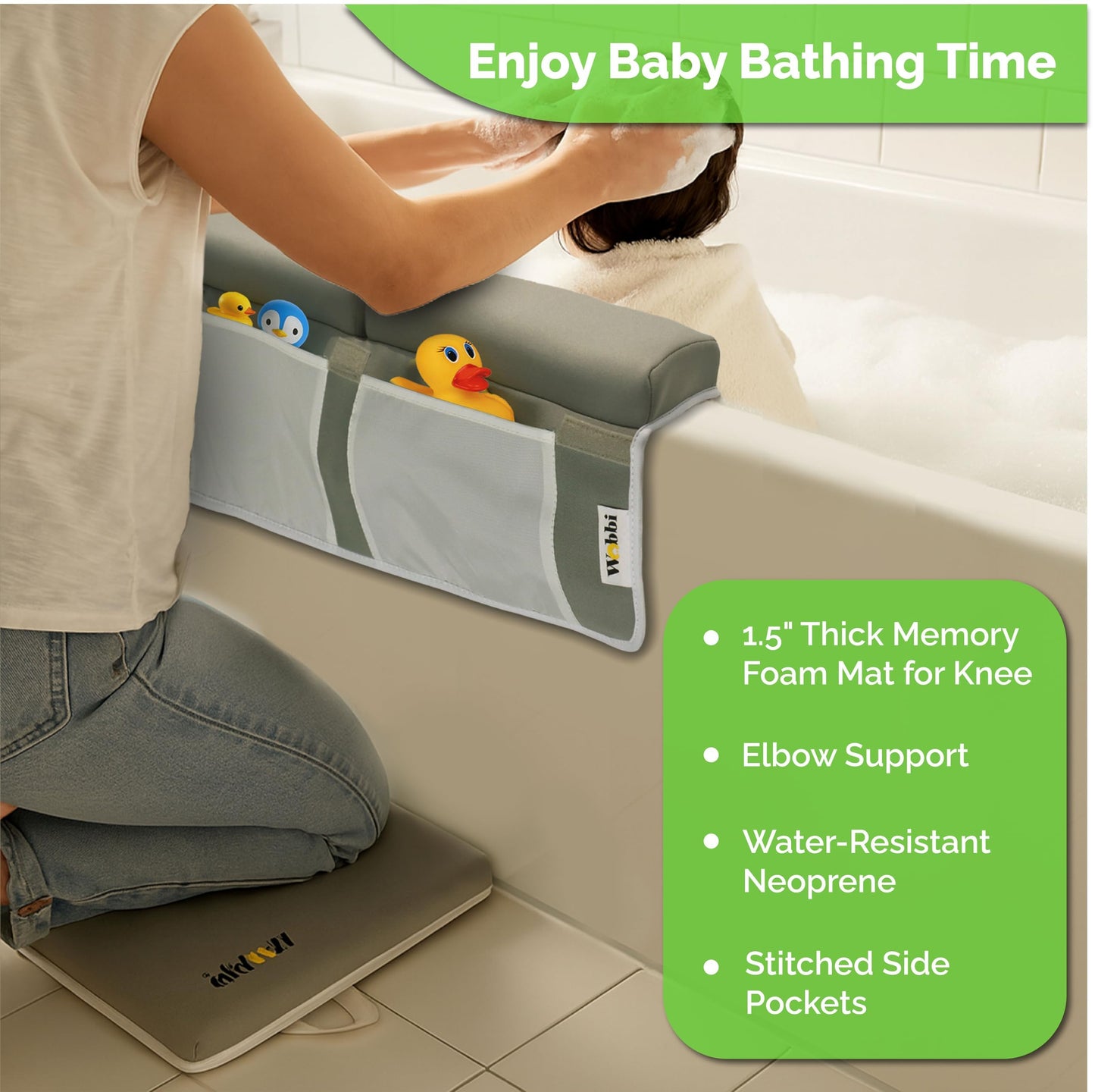 Wobbi Baby Bath Kneeler and Elbow Rest Pad Set - 1.5" Thick Memory Foam Knee Pad for Bathing Babies - 6 Suction Cups Non Slip Bath Kneeling pad with Toy Storage - Foldable & Quick Drying-Grey