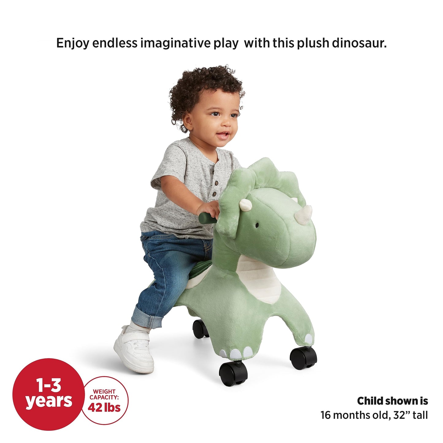 Radio Flyer Dash the Rolling Dinosaur Ride On, Ages 1-3, EZ-Glide 360-degree Wheels, Easy Grip Handles, Soft Plush Face, Ideal for Active and Imaginative Play, Toddler Ride On Toys