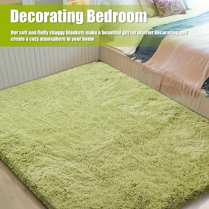 8x10 Fluffy Area Rugs for Living Room,Shag Area Rug for Bedroom,Grass Green Soft Fuzzy Rug Non-Shedding Indoor Plush Carpet for Kids Bedroom Nursery Home Decor