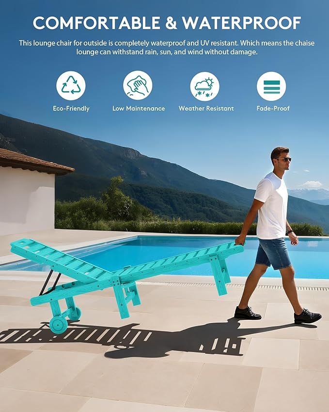 SERWALL Outdoor Chaise Lounge Set of 6, HDPE Pool Lounge Chair with 5-Position Adjustable Backrest, Patio Lounger with Rolling Wheels & Cup Holder for Pool, Aruba
