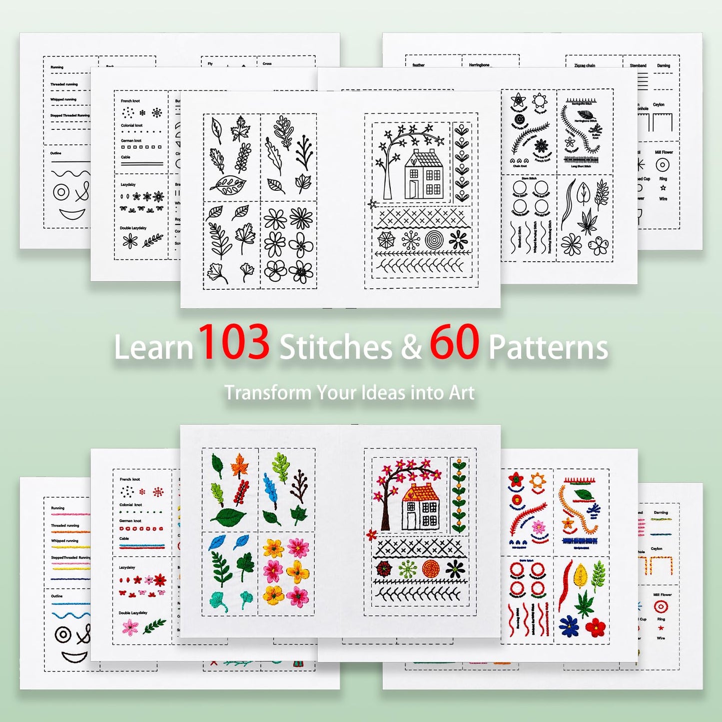 NBNQ Embroidery Stitch Book Kit for Beginners with Portable 10.65"x8.27" Loose-Leaf Cover, Includes 6 Fabric Pages, Complete Toolkit, Instructions and Videos.