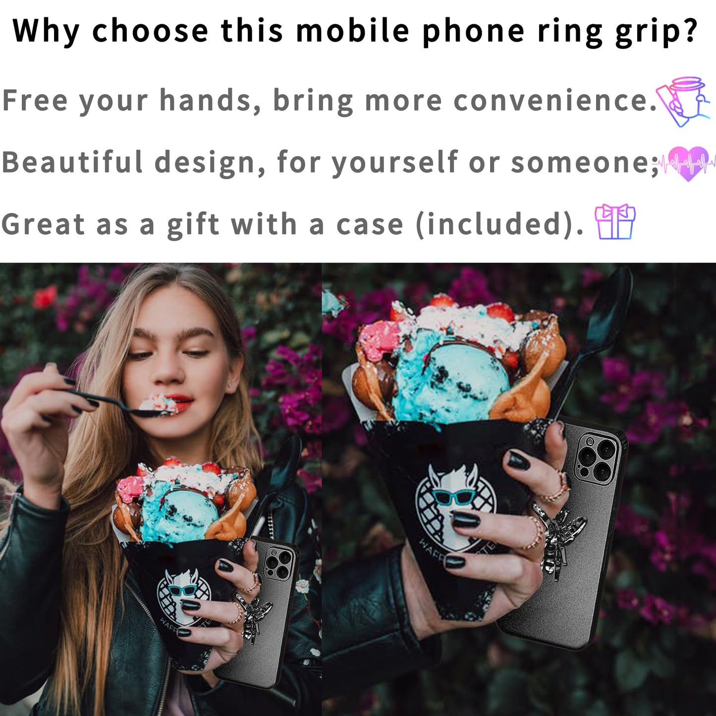 TACOMEGE Bee Cell Phone Ring Holder gift for girls women, Crystal Finger Ring Kickstand Compatible with Smartphone, Tablet, E-reader (Black)