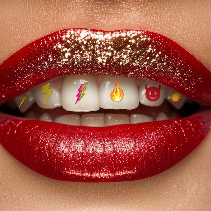 Halloween Tooth Bling Tattoo – Temporary Tooth Gem Kit for Teeth – Safe for Teens & Adults, Removable Fun Fake Tooth Tattoo Stickers for Halloween Costume, Party & Cosplay (Lightning Fire)