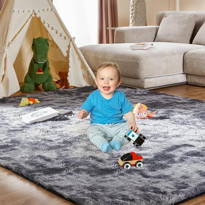 KNZE 9X12 Feet High Pile Tie-Dye Rug, Dark Grey, Area Rug for Living Room, Plush Shag Carpet for Kids Room, Extra Large Fuzzy Rug, Soft Home Decor