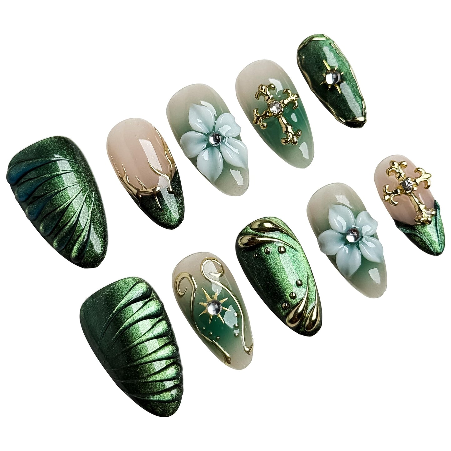 Green Leaf Fake Nails Press on Set, 10PCS with Floral Accents & Crystal Decorations, Includes Glue Tools Storage Box, Artistic Manicure Set for Special Events (green, S)