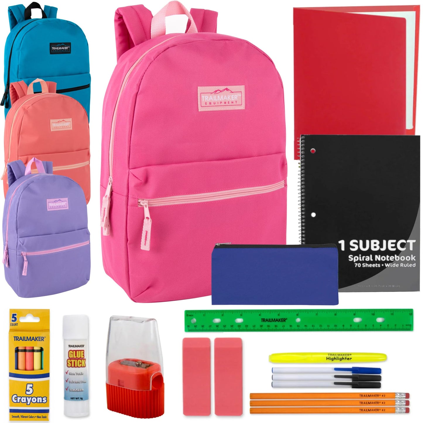 24 Pack Bulk Backpacks with School Supplies for Kids - Trailmaker Wholesale Backpack and School Supplies Kits (Girls Colors Pack)