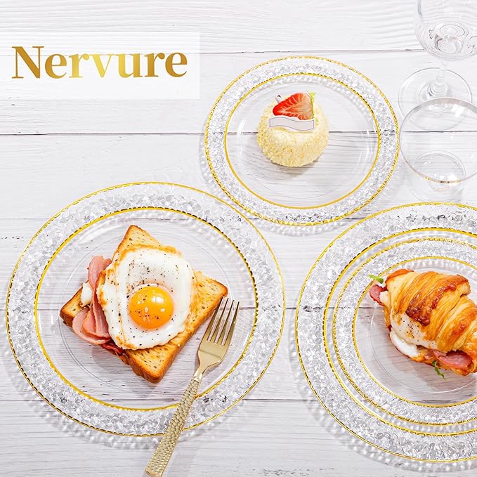 Nervure 102PCS Gold Plastic Plates - Disposable Clear Gold Party Plates Include 51PCS 10.25inch Dinner Plate & 51PCS 7.5inch Dessert Plate Perfect for Wedding & Party & Christmas