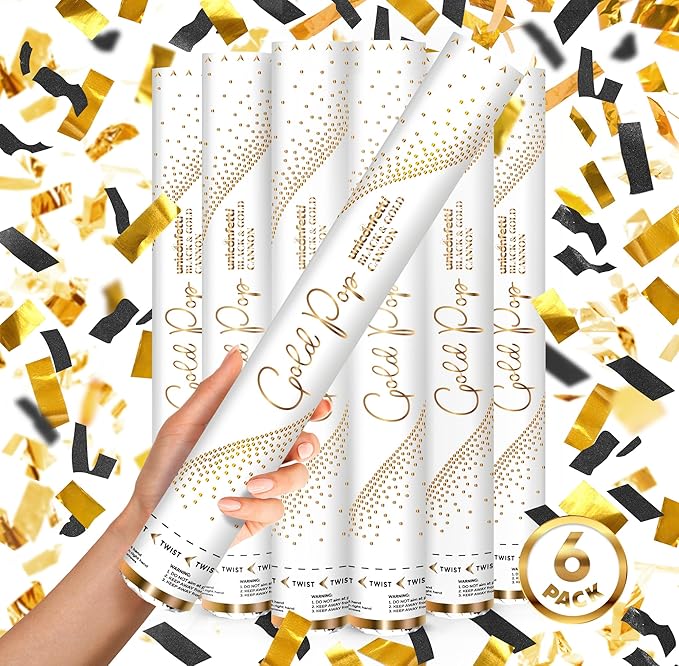 BLACK & GOLD Confetti Poppers - 16" BIODEGRADABLE BLACK & GOLD Confetti Cannon, Party Poppers, Compressed Air Popper, Loud Pop, Wedding Confetti Send Off, Wedding Supplies and Decorations
