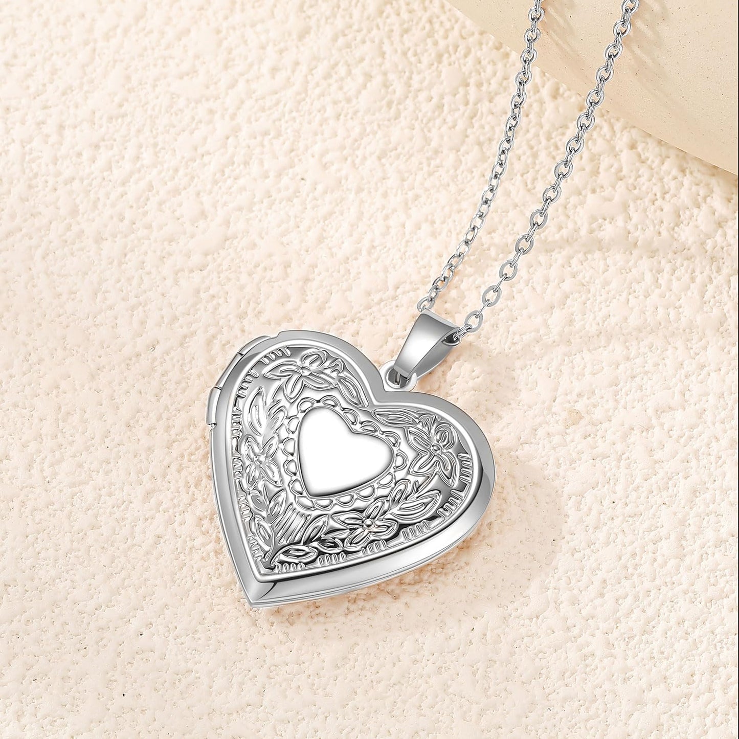 PHOCKSIN Silver Heart Locket Necklace Flower Engraved Personalized Love Heart Necklace that Holds Pictures Customized Gifts Locket Necklaces for Women