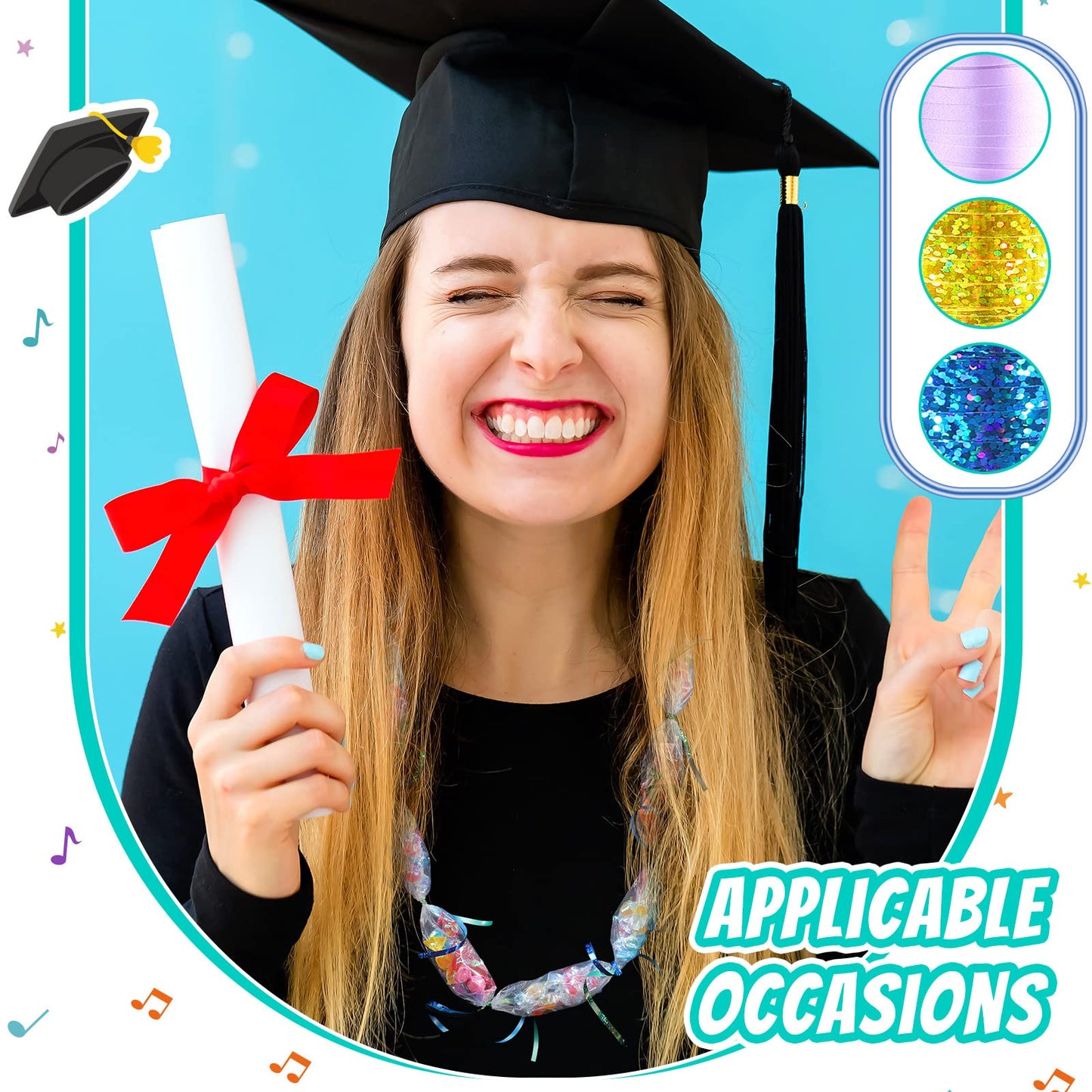 Berlune Candy Lei Making Kit for Graduation Party Favor Include 2 in x 1000 ft Poly Tubing 3 Rolls Curling Gift Ribbon 300 Yd/ 900 ft and Scissor for Hawaii Tropical Wedding DIY(Purple, Blue, Yellow)