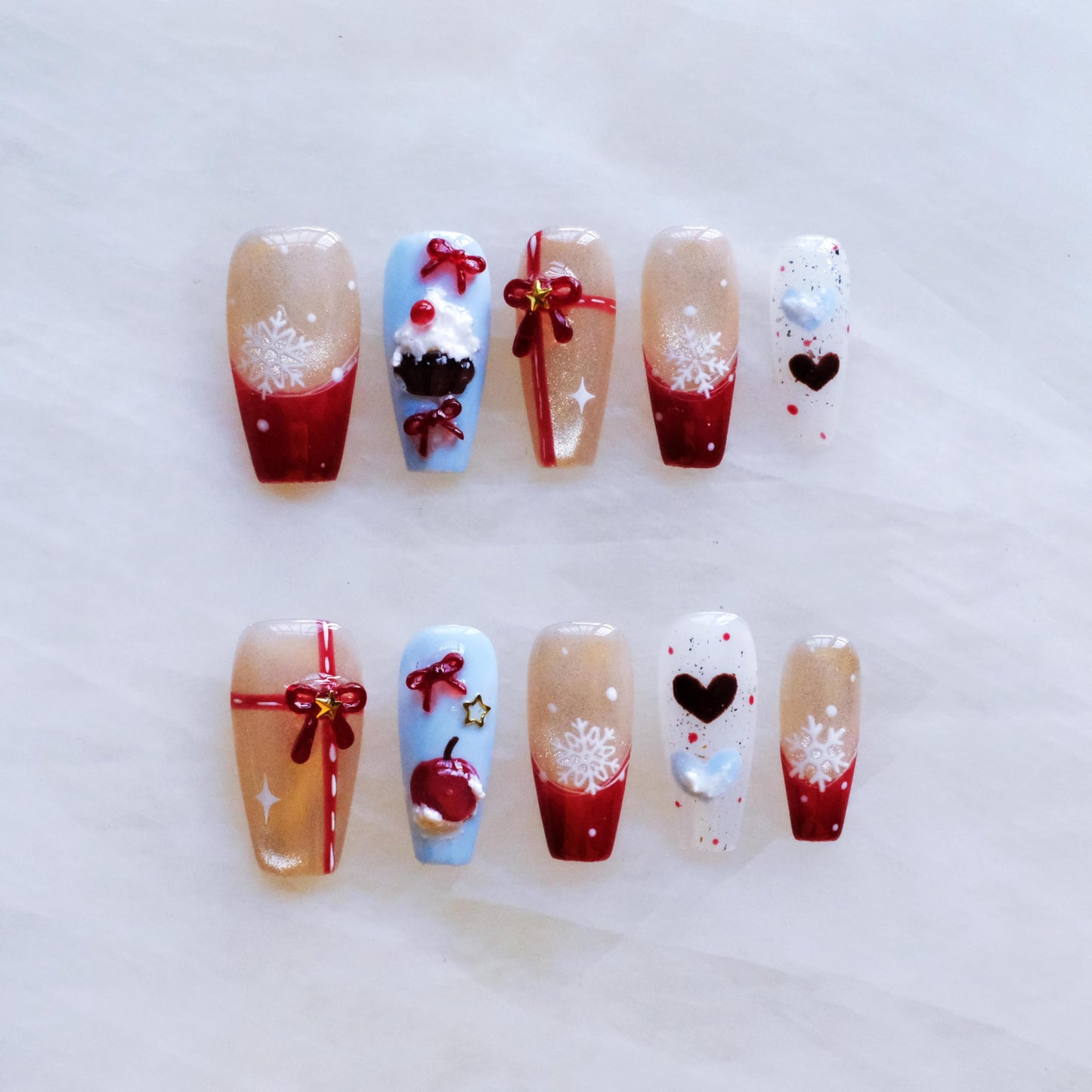 GLORS Christmas Press-On Nails, Medium Length Ballerina Shape, Red Cat Eye Apple Design with 3D Bows, 10 Pieces (Medium, MB)