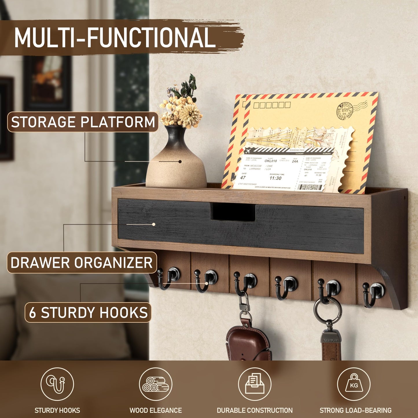 Rebee Vision Pine Wood Key Holder Wall Mount with Drawer Organizer – Decorative Mail Organizer with 6 Key hooks and Wall Shelf - Modern Room Decor for Entryway or Living Room (Brown & Black)