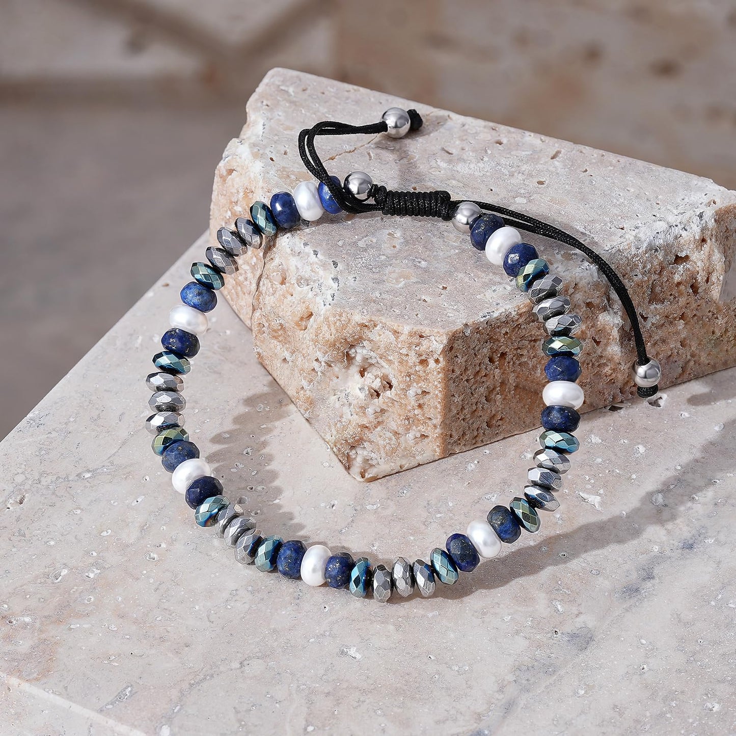 Holamonte Natural Stone Beaded Bracelets for Men, Tigereye Bead Link Bracelet, Adjustable Retractable Cord, Men's Chakra Protection Lapis Hematite Glass Pearl Bracelet, Ideal Gift (Blue)