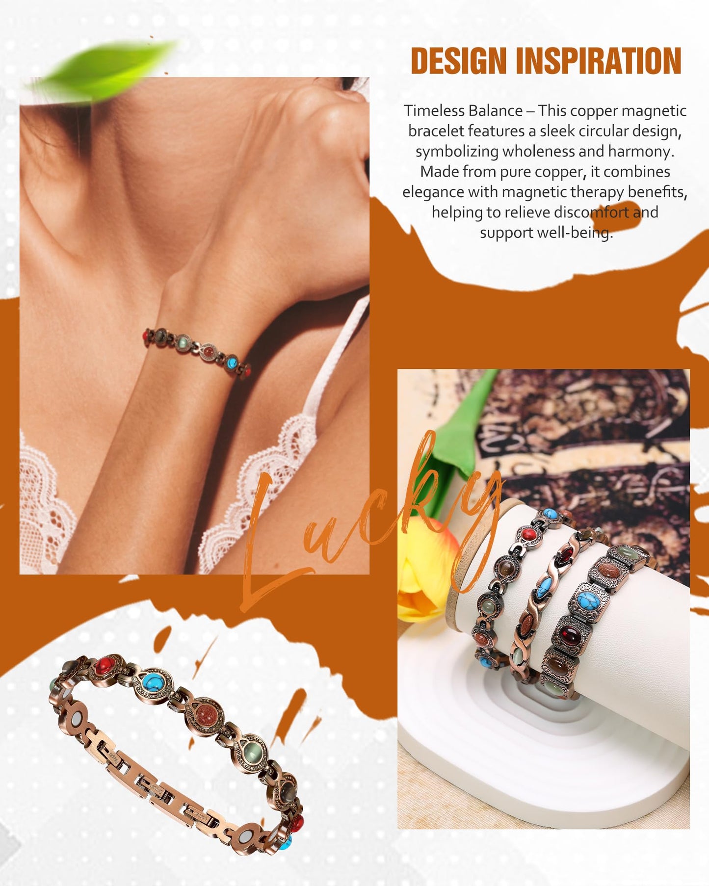 Jecanori Copper Bracelets for Women, Magnetic Bracelets for Women with 3800 Gauss Ultra Magnets and Sizing Tool, Elegant Round Gemstone