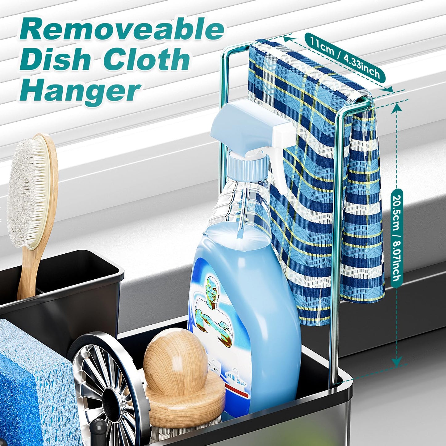 Ewaiira Stainless Steel Sink Caddy, Sponge Holder for Kitchen Sink with Brush Holder Dishcloth Rack, Rustproof sink Organizer Countertop, Soap Dispenser Kitchen Organizers Storage Essentials,9.8″Black