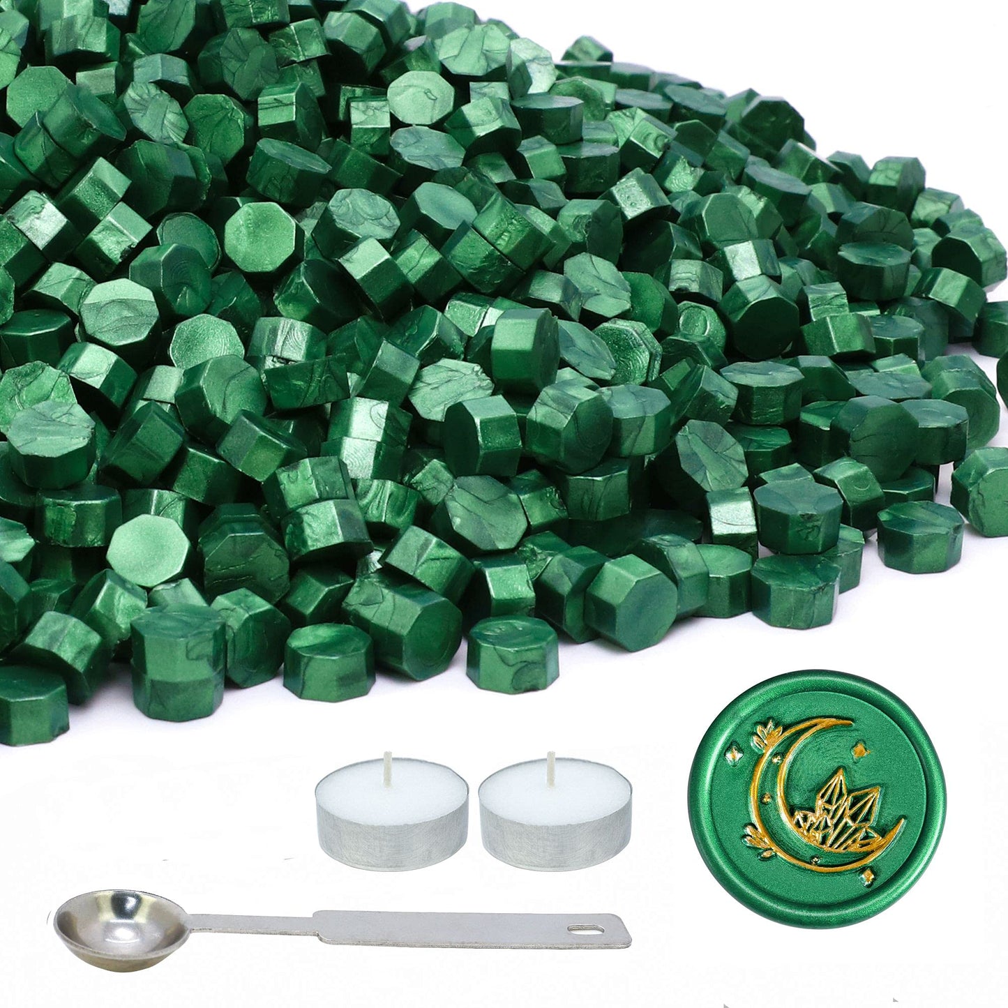 SWANGSA 360 Pieces Metallic Green Sealing Wax Beads Kit with 2 Pieces Tea Candles and 1 Piece Wax Melting Spoon for Wax Seal Stamp (Metallic Green)