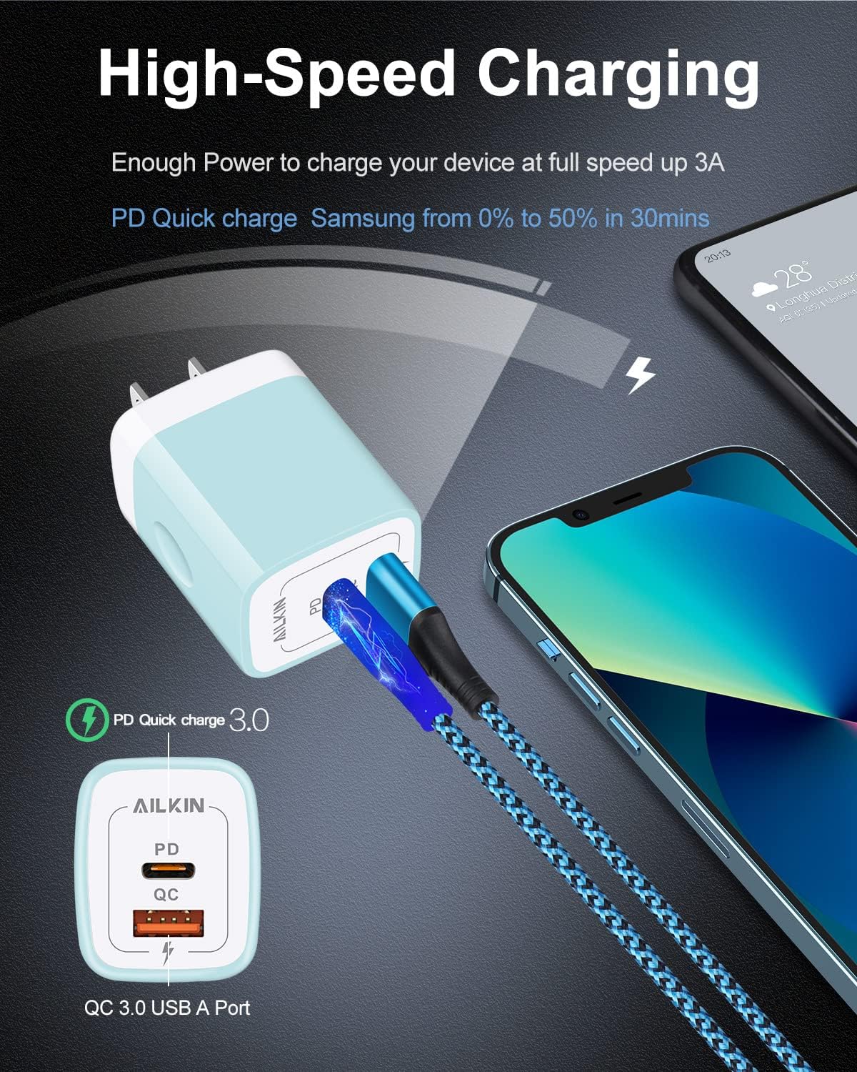 3pack Dual Port USB C Power Adapter, Usbc Pd 3.0 with USB A Qc 3.0 Fast Charging Block for Apple iPhone, Samsung Galaxy, Google Pixel, Moto, Kindle Fire, Ps5, Earbuds, Watches, Wireless Pad Brick Box