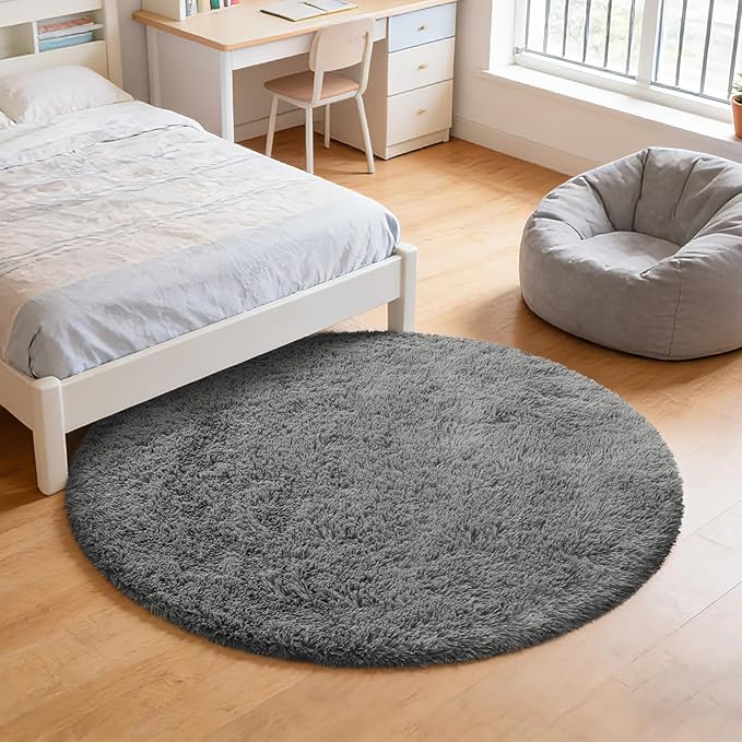 yulidayang Fluffy Round Area Rugs for Bedroom,3Ft Shag Circle Area Rugs for Living Room,Non Slip Fuzzy Plush Rug for Kids Room Boys Girls Room and Dorm,Deep Grey