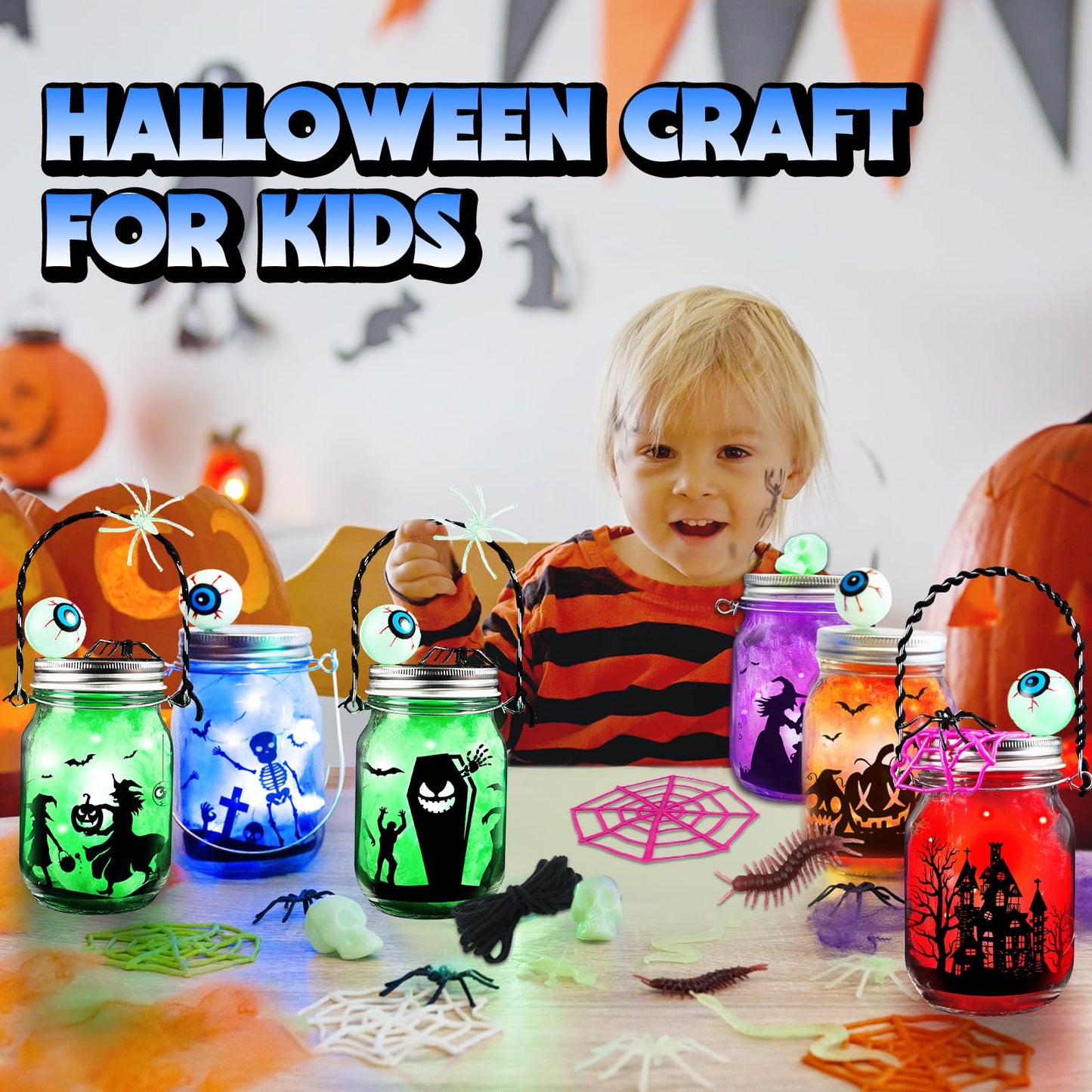 Shemira Halloween Craft Kit - 6pc Glass Mason Jar DIY Lantern Kit, Party Supplies for Kids