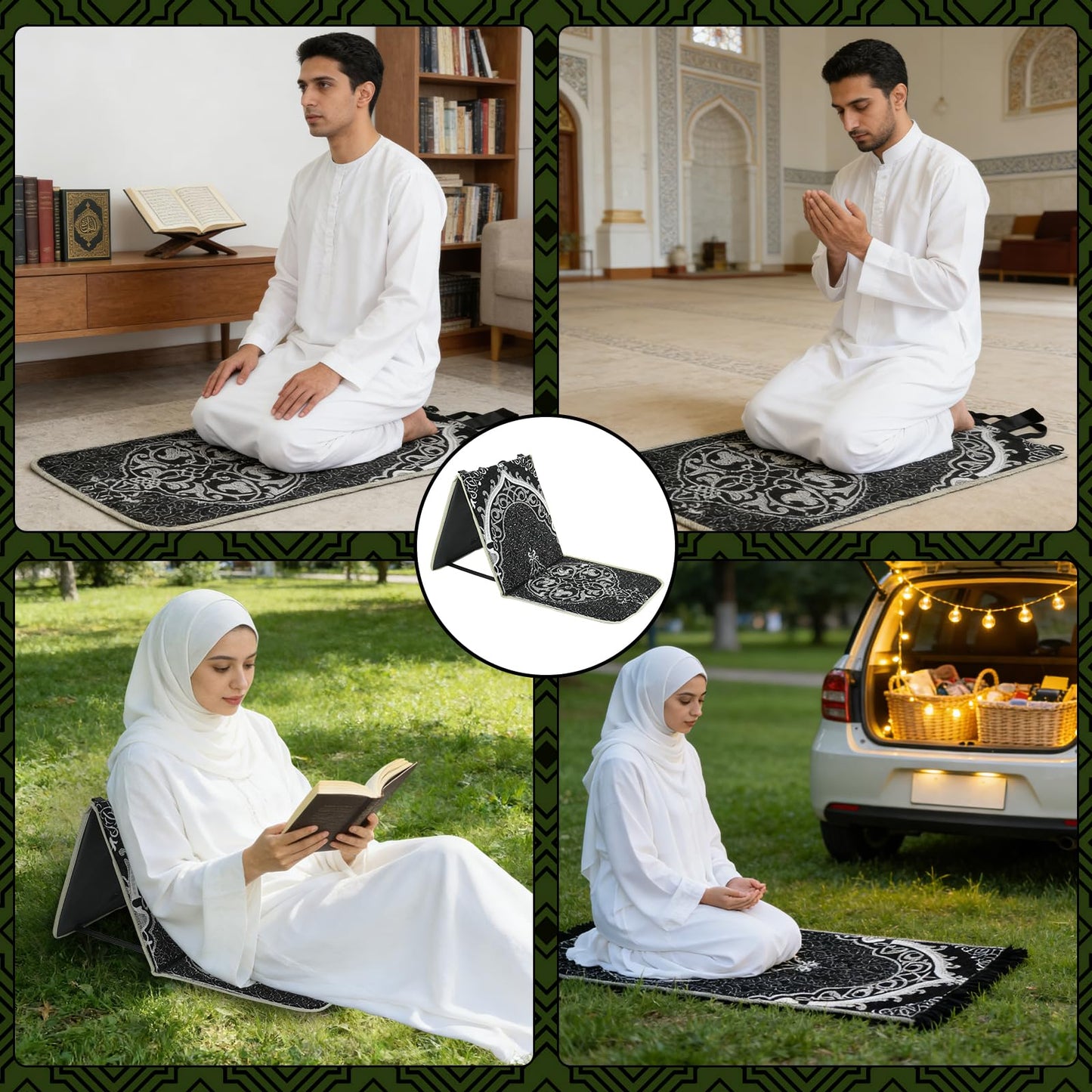 Qianliniuinc Portable Prayer Mat, Foldable Prayer Rug with Backrest, 36x78cm Islamic Prayer Mat, Includes Kufi Hat & 99 Beads Tasbih, Meditation Rug for Muslim, Ramadan Gift Set (Black)