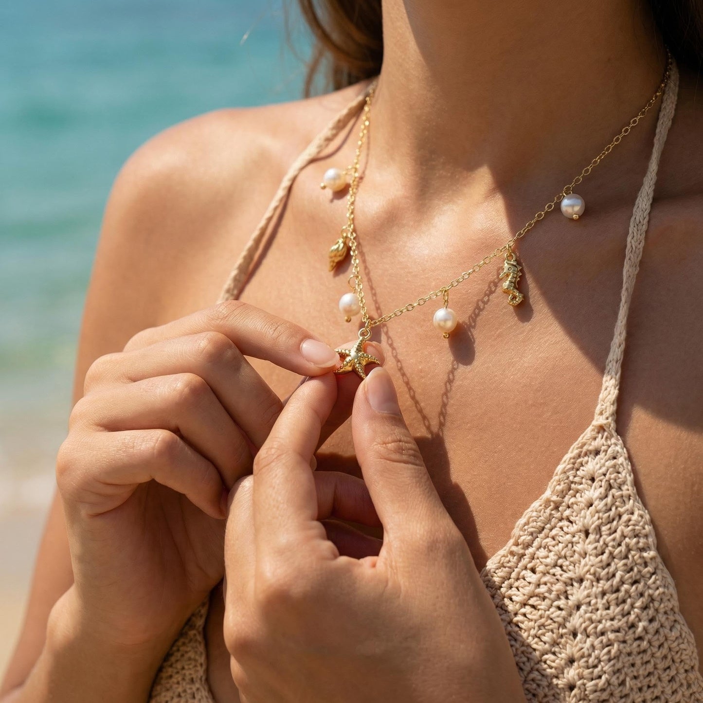 Seashell Starfish Necklace for Women Conch Shell Summer Pearl Beach 14k Gold Layered Dainty Choker (Conch Pearl)