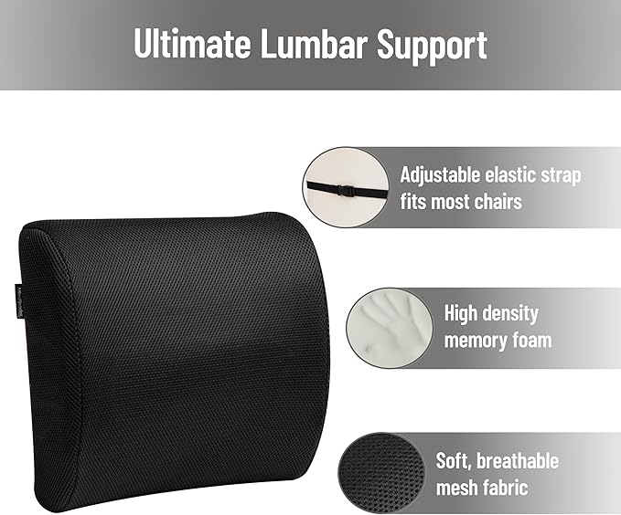 Mind Reader Lumbar Support Cushion for Office Chair and Car Seat, Memory Foam, Air-Cloud Technology, Posture Corrector, Versatile Lower Back Cushion, 13.5"L x 4"W x 12.25"H, Black