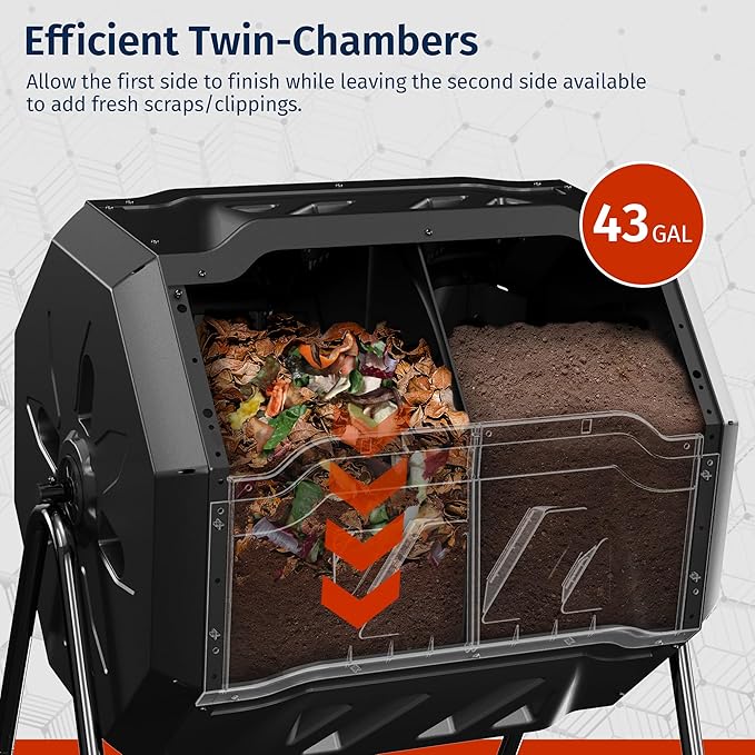 East Oak Compost Tumbler Outdoor, 43-Gal Dual Chamber Compost Bin with 2 Sliding Door and Aeration System, Tumbling Rotating Composter Bin for Kitchen, Garden, Yard