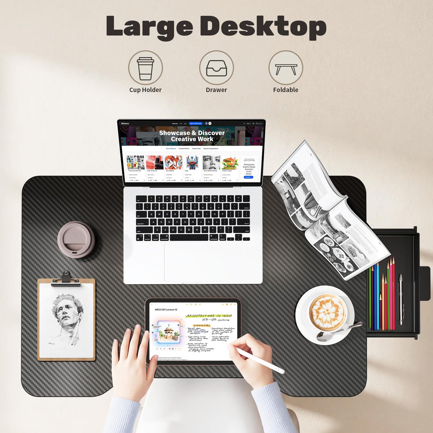 SINKONG Lap Desk for Adults - Portable Foldable Bed Desk Tray Table Laptop Stand with Storage Drawer/Cup Holder,for Working Reading Writing Eating,Watching Movies for Bed Sofa Couch Floor